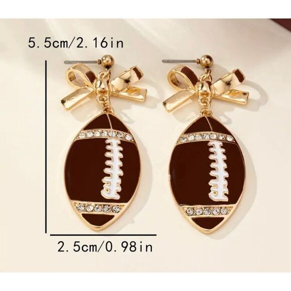 NWT 18K Bling Rhinestone Gold Toned Bowknot Football Dangle Earrings - Picture 4 of 7